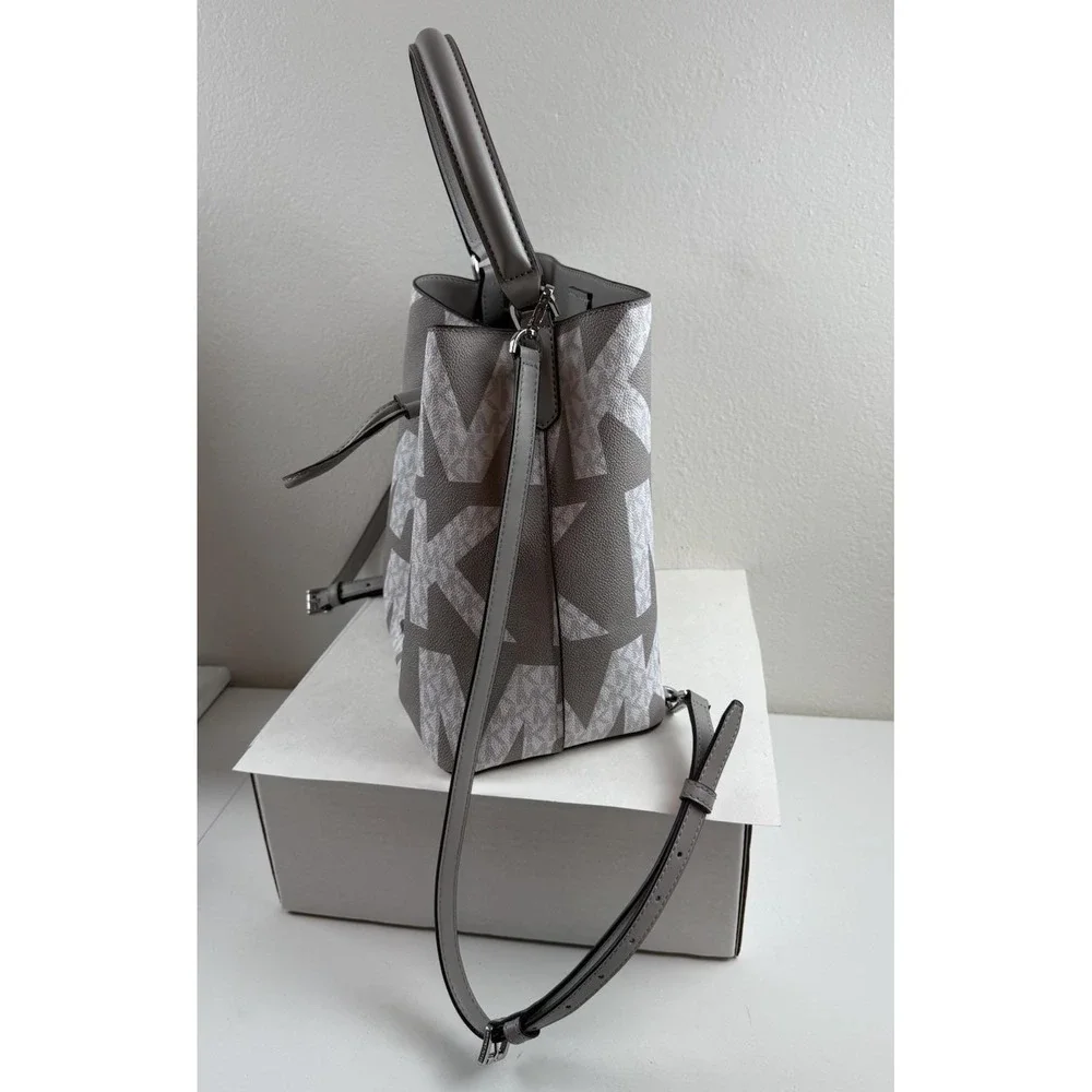 Michael Kors Suri Gray White Monogram Logo Print Convertible Bucket Backpack Bag
